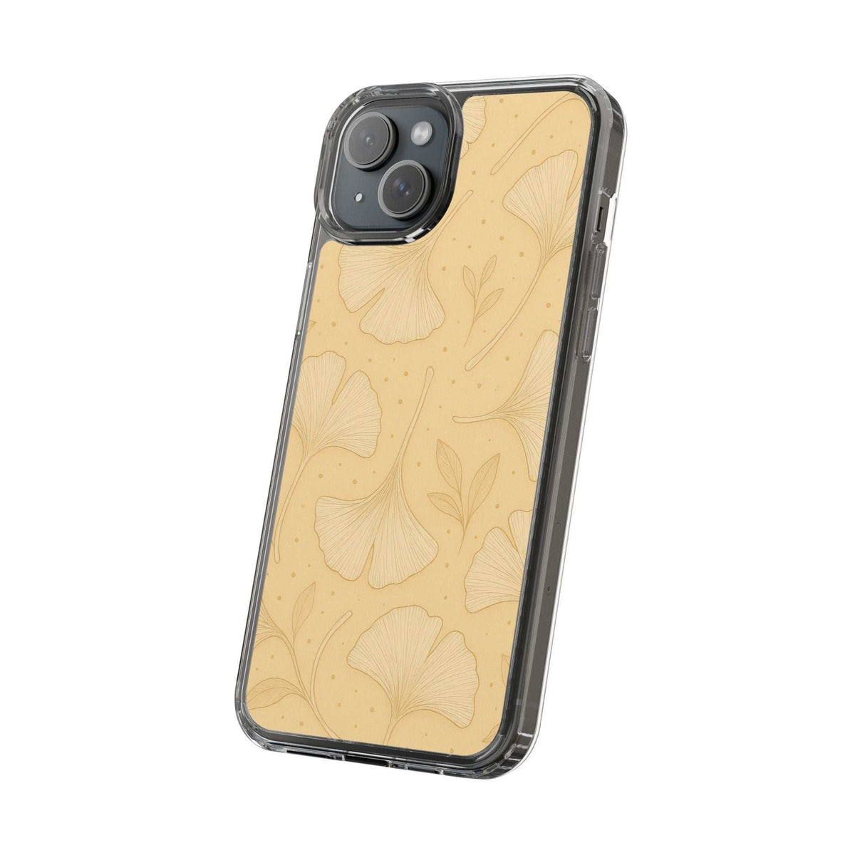 Yellow ginkgo floral phone case with clear trim and triple camera cutout