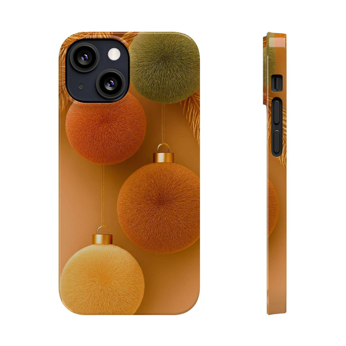 Phone case with orange and green pom-pom ornament pattern; camera cutout and side profile shown.