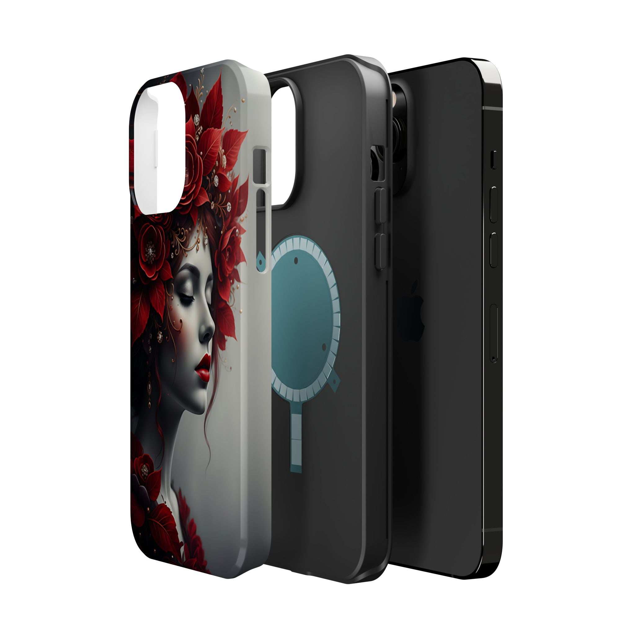 Portrait phone case with red floral woman art and blue pendant, layered back views