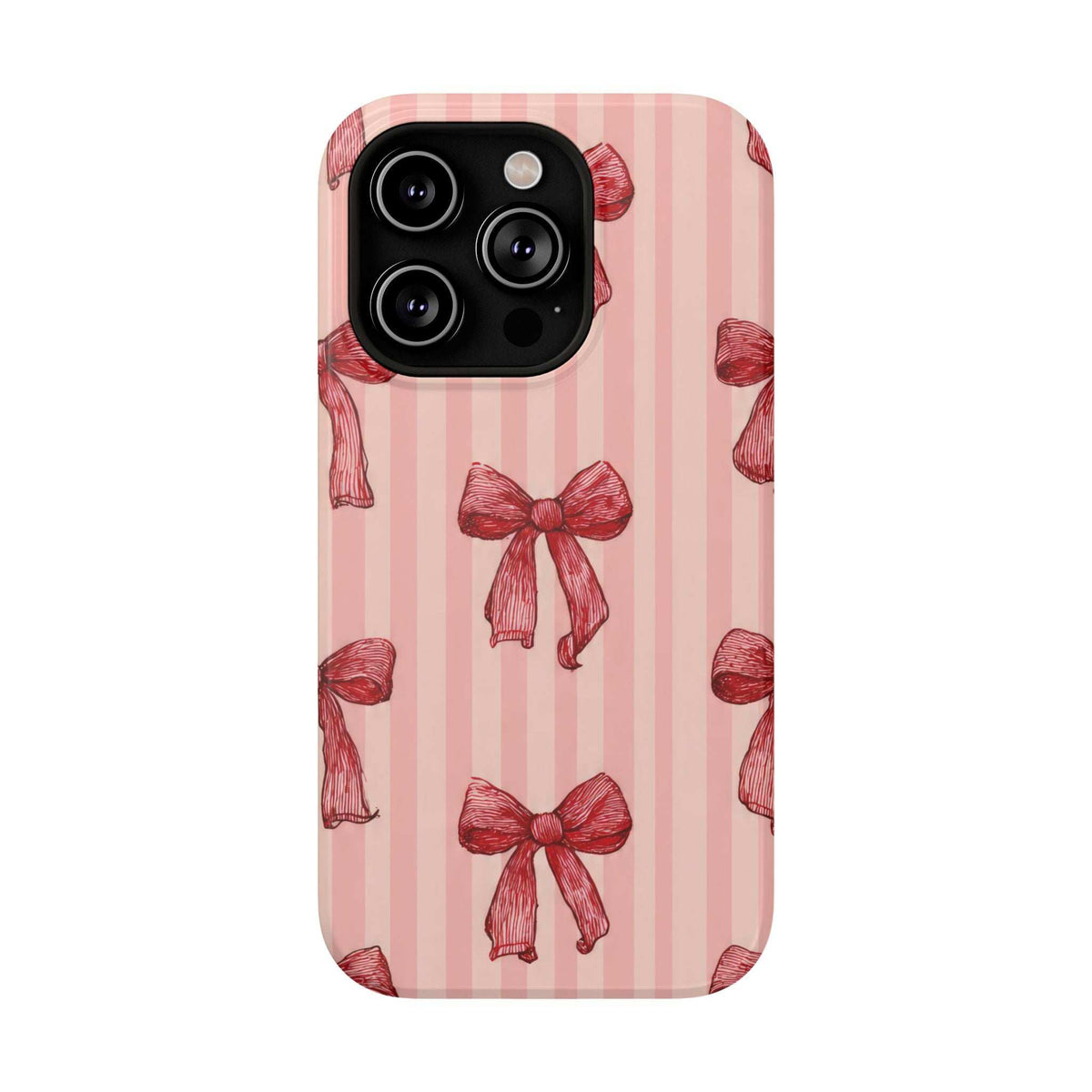 Pink phone case with red striped design and red bows, camera cutout at upper left