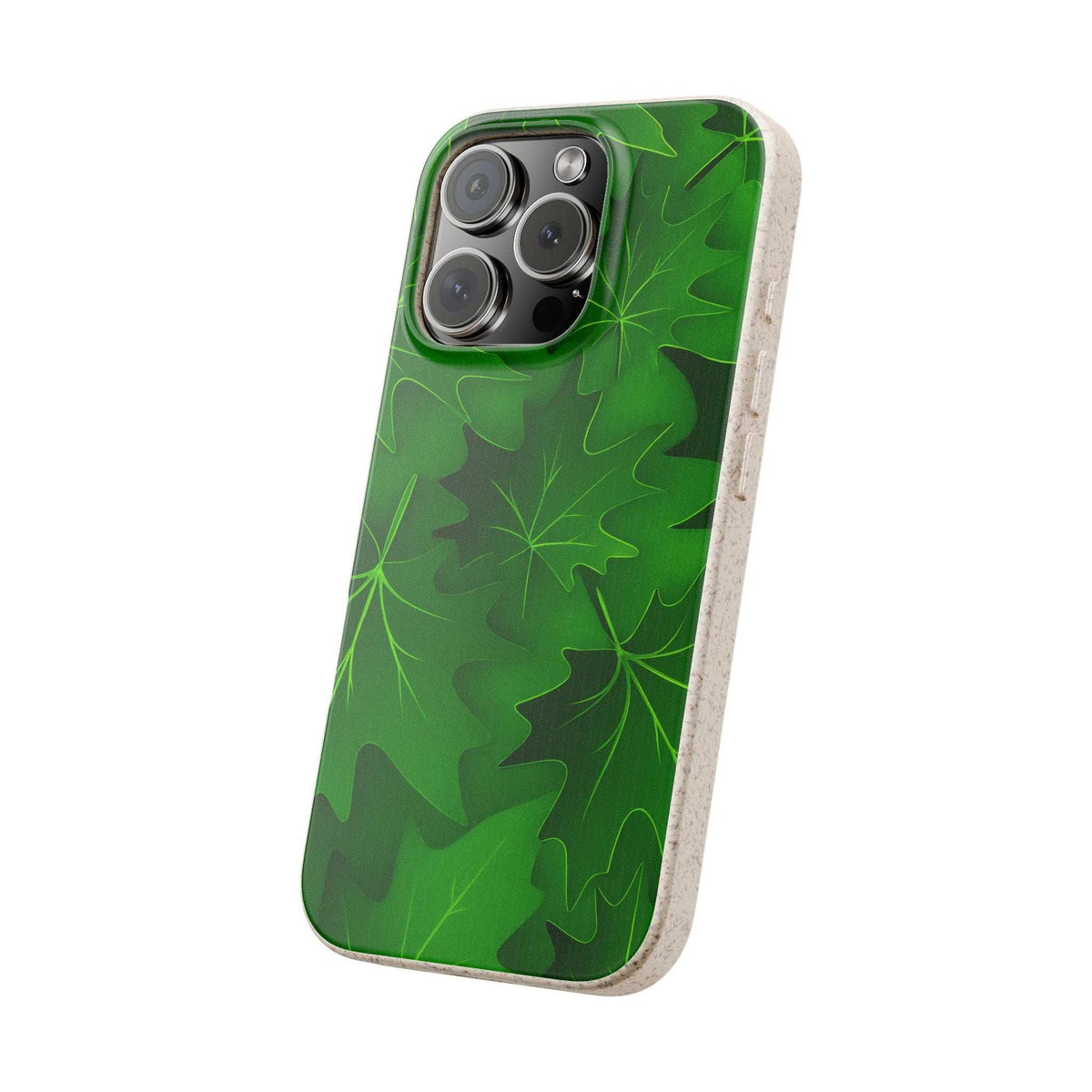 Green botanical leaf phone case with camera cutout and speckled beige border