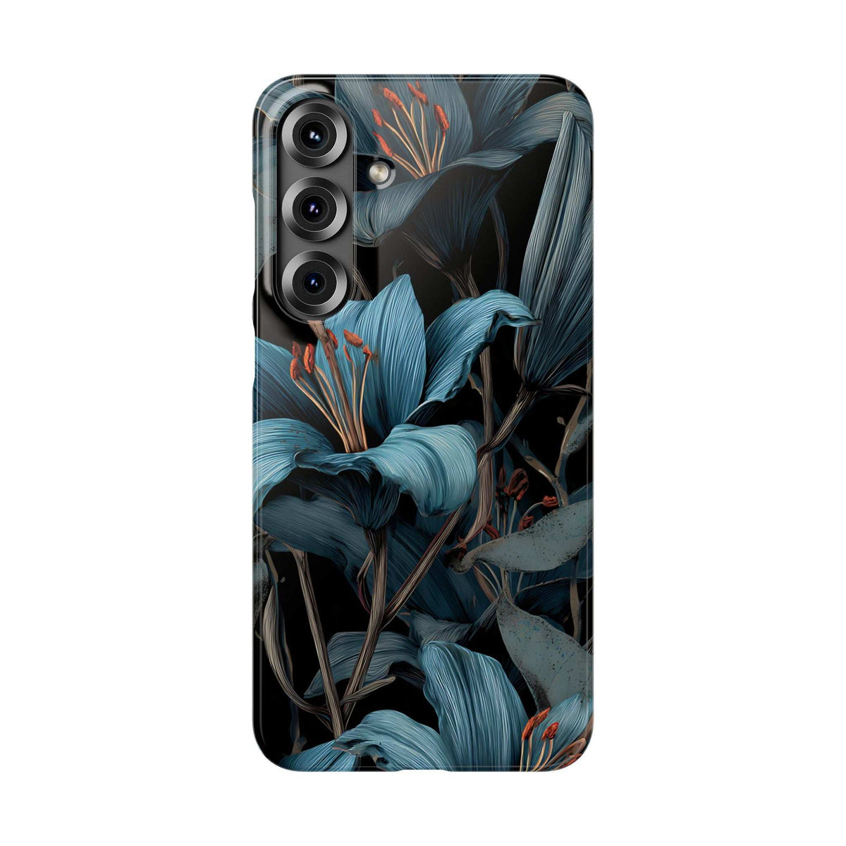 Phone case with blue floral leaf design and raised camera cutouts