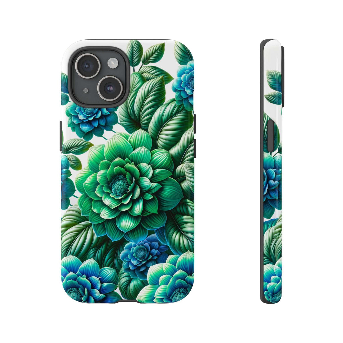 Floral phone case, green and blue bloom and leaf design; back camera openings visible
