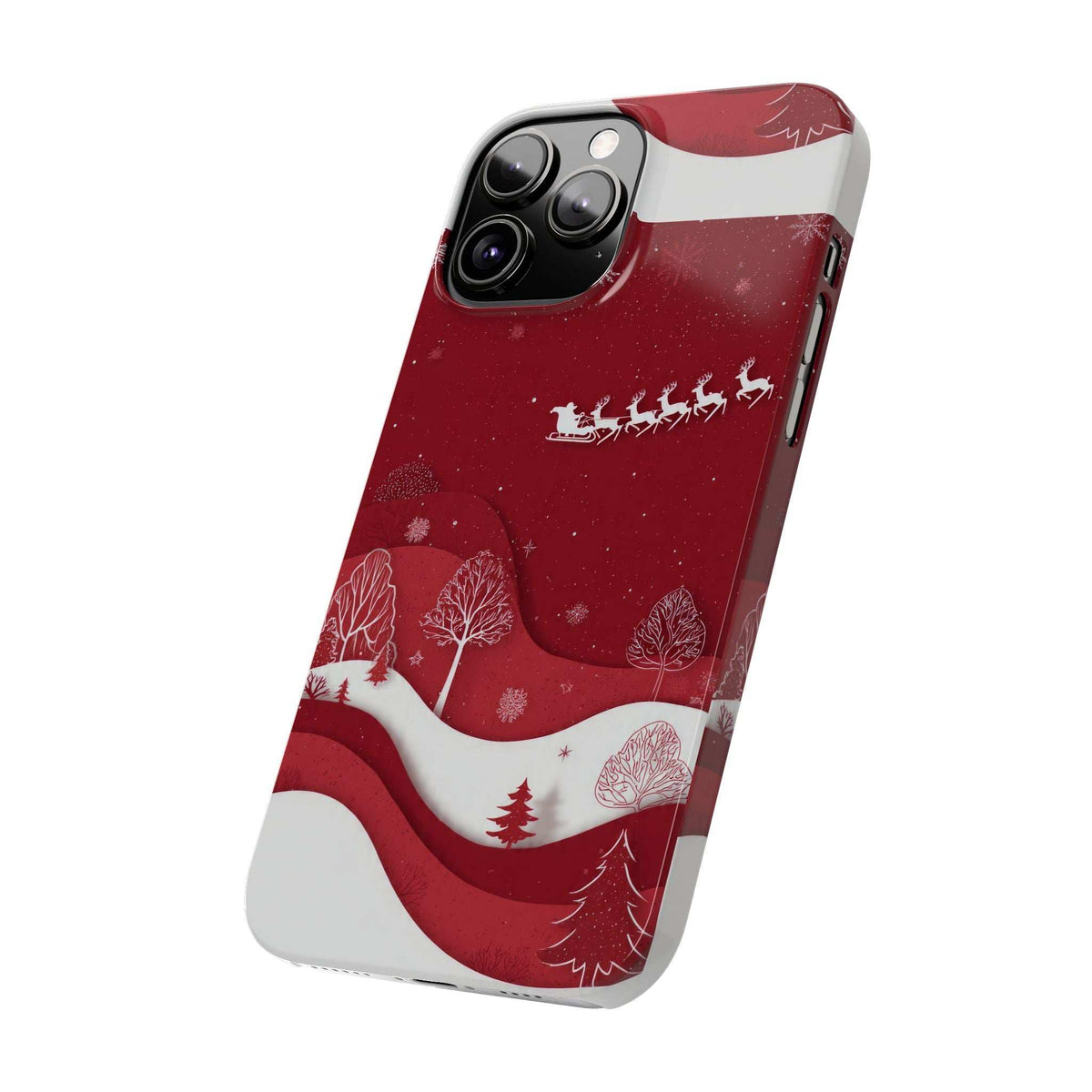 Red winter phone case with sleigh motif and snow scene; angled side view