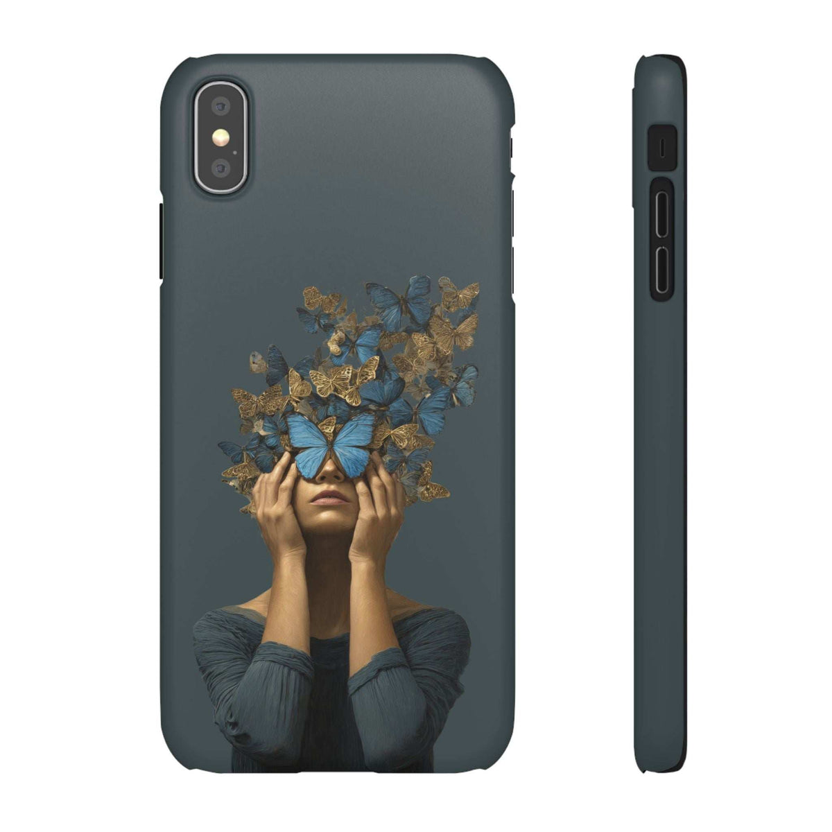Dark gray phone case with blue-and-gold butterfly portrait; camera cutout and side buttons