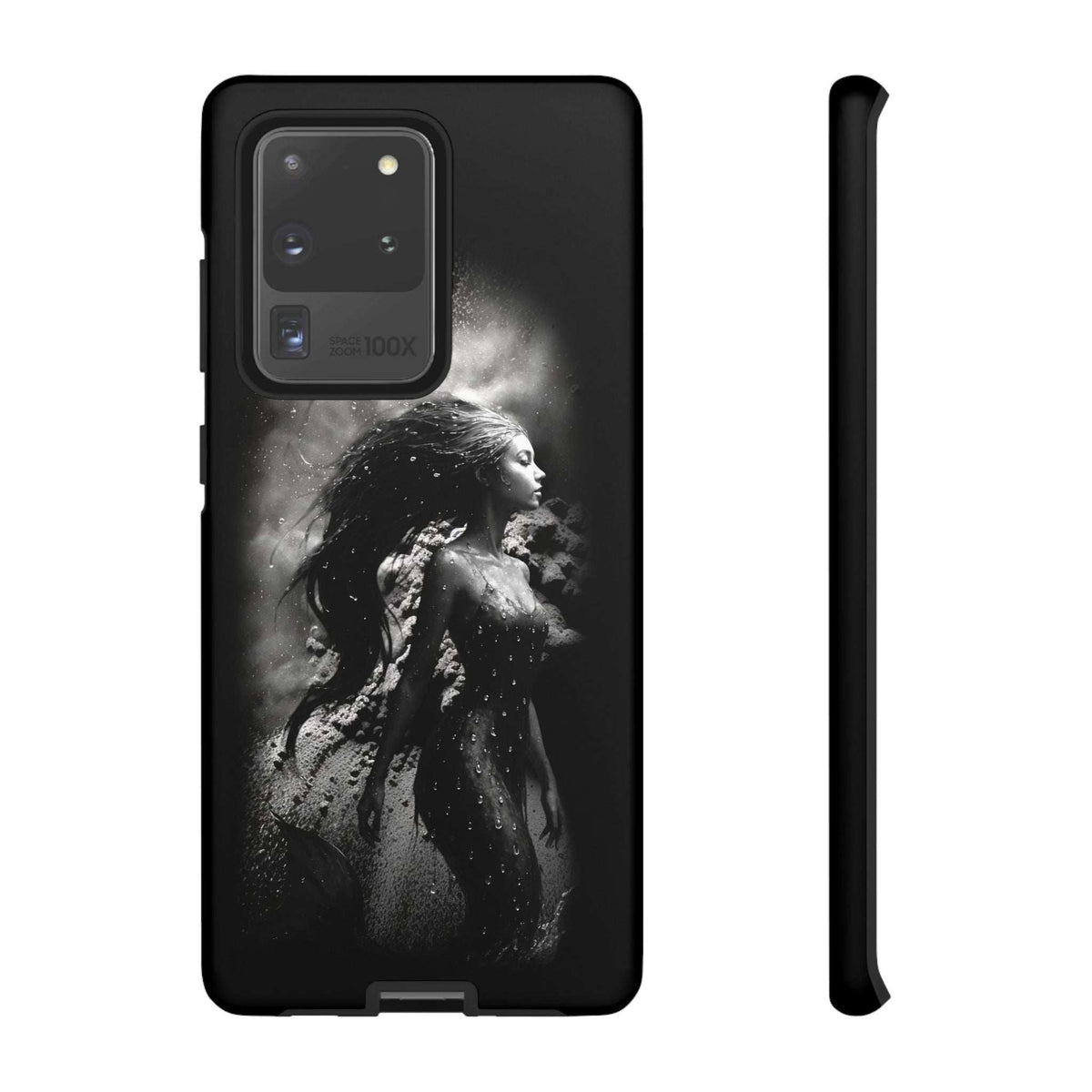Black phone case featuring monochrome mermaid portrait and rear camera openings