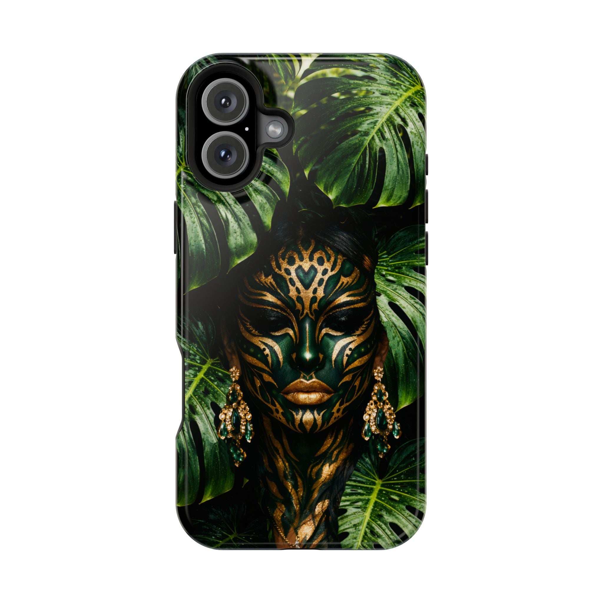 Green jungle leaf phone case featuring gold mask face design and three-lens camera window