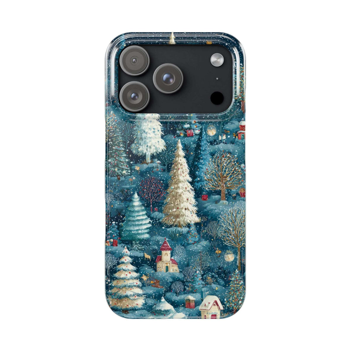 Blue winter forest phone case back with camera cutout openings and snowy tree scene