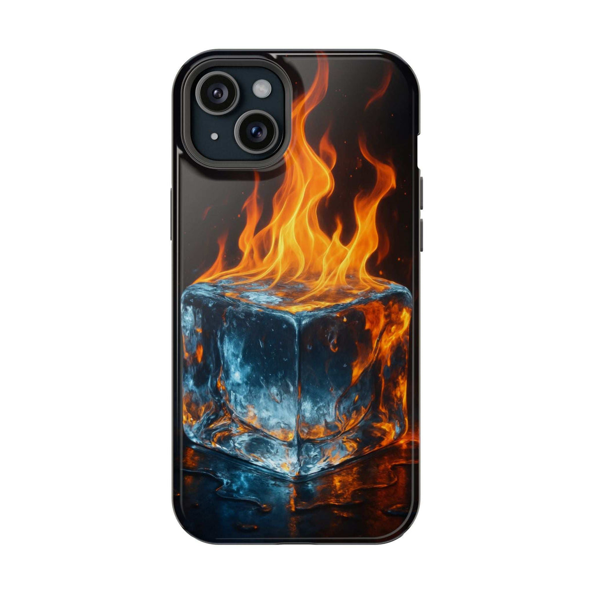 Black glossy phone case with flame and ice cube graphic and dual camera cutout