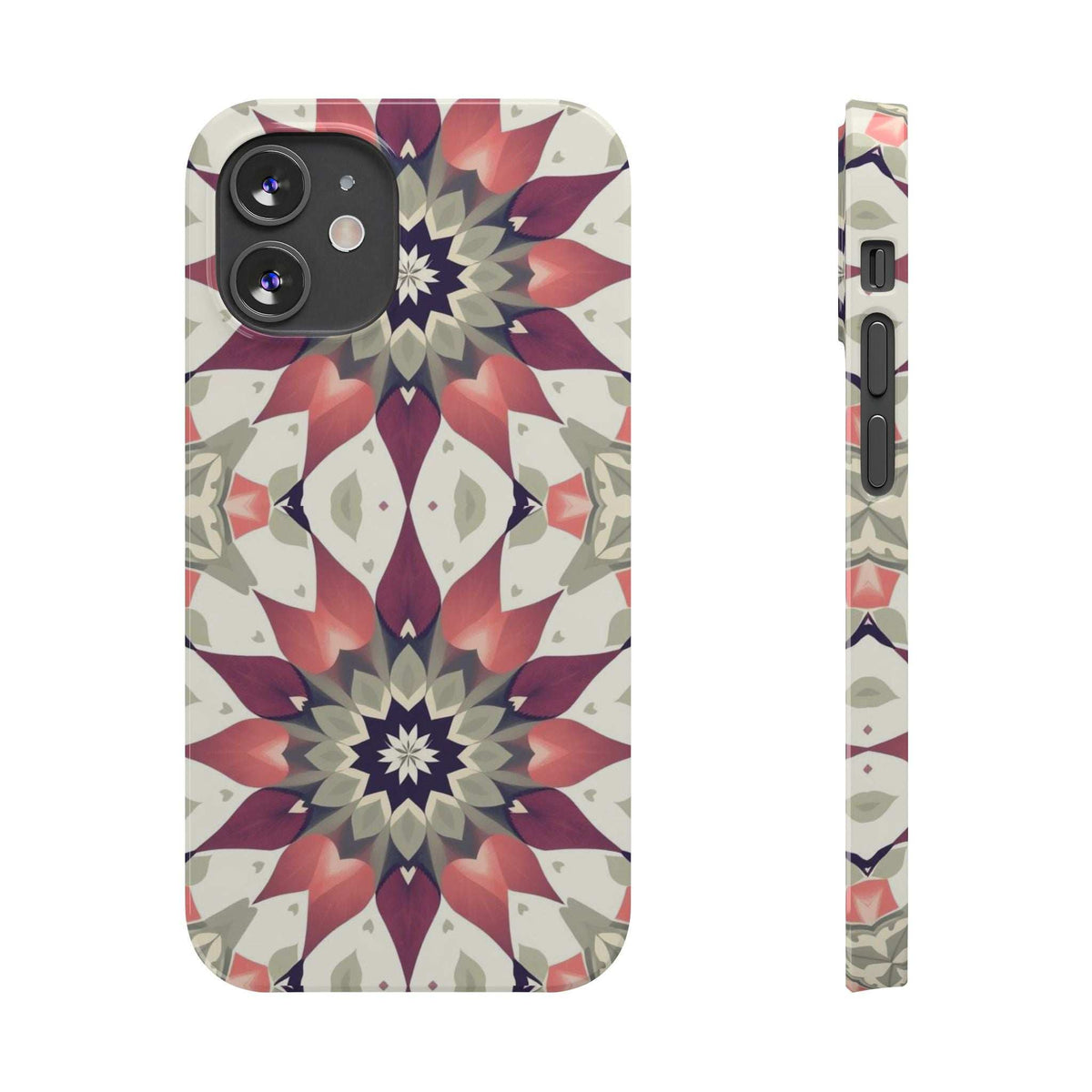 Smartphone phone case with burgundy and navy mandala pattern, cutouts for triple cameras