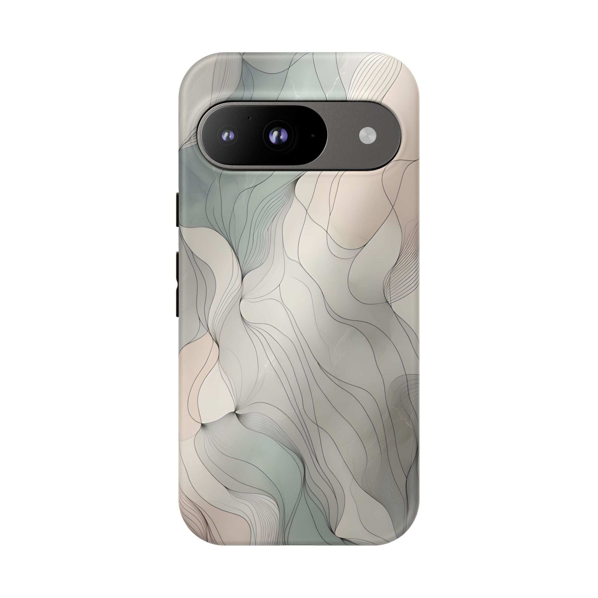 Pastel wave phone case with beige and blue-gray flowing lines, horizontal camera bar