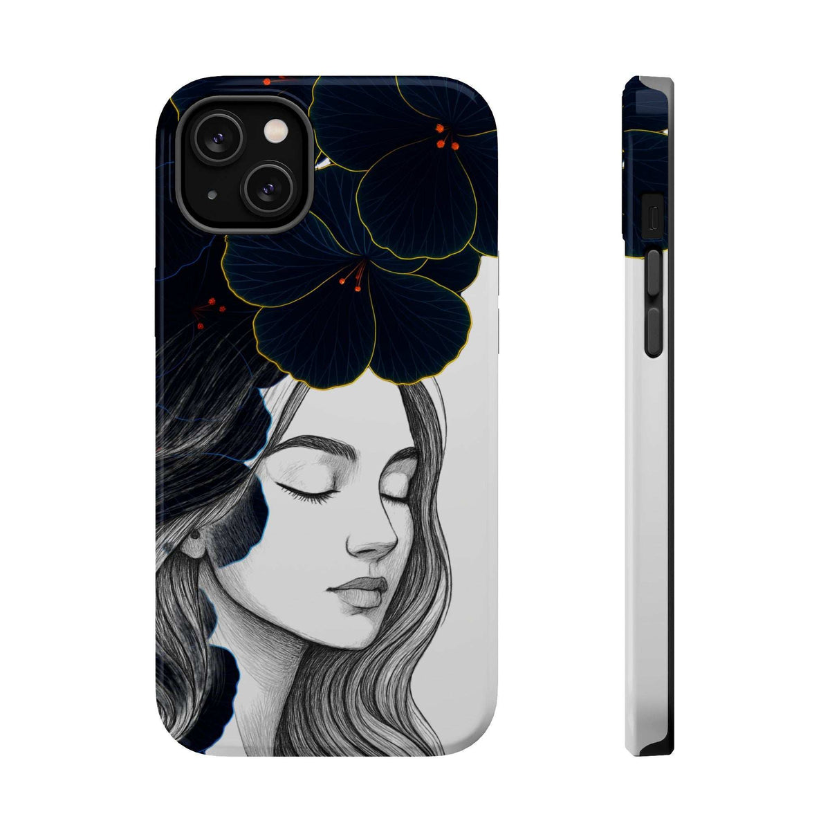 Phone case with woman portrait and blue blossoms; side profile shows opening for port