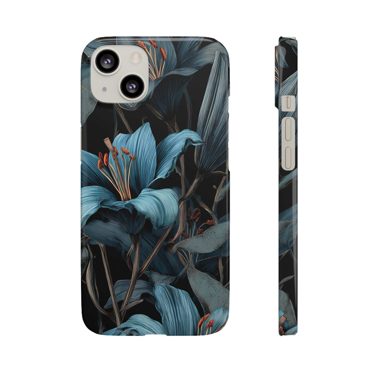 Phone case with blue floral leaves on dark base and light-colored camera lens cutouts