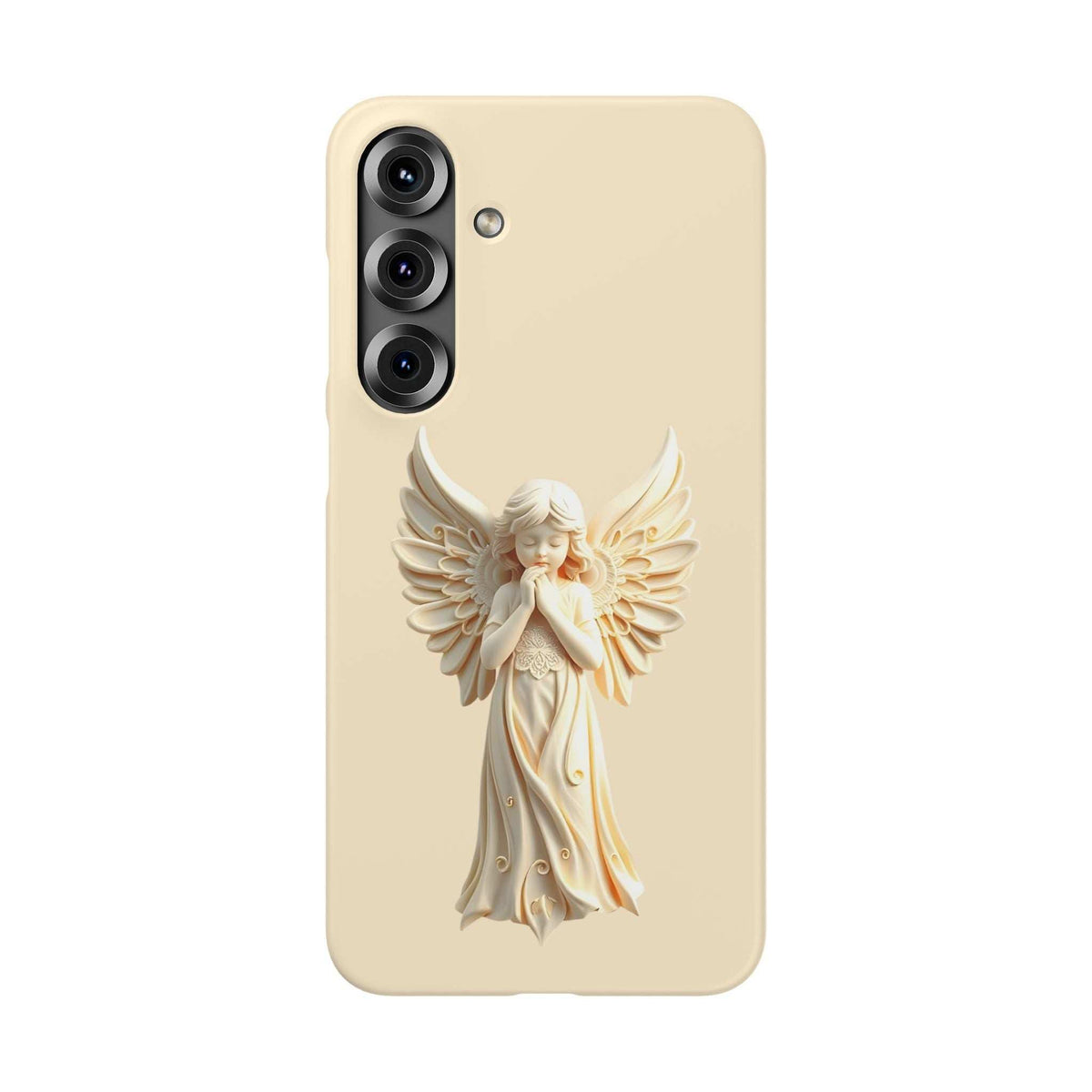 Cream phone case featuring a raised angel with wings, left camera cutout and flash dot