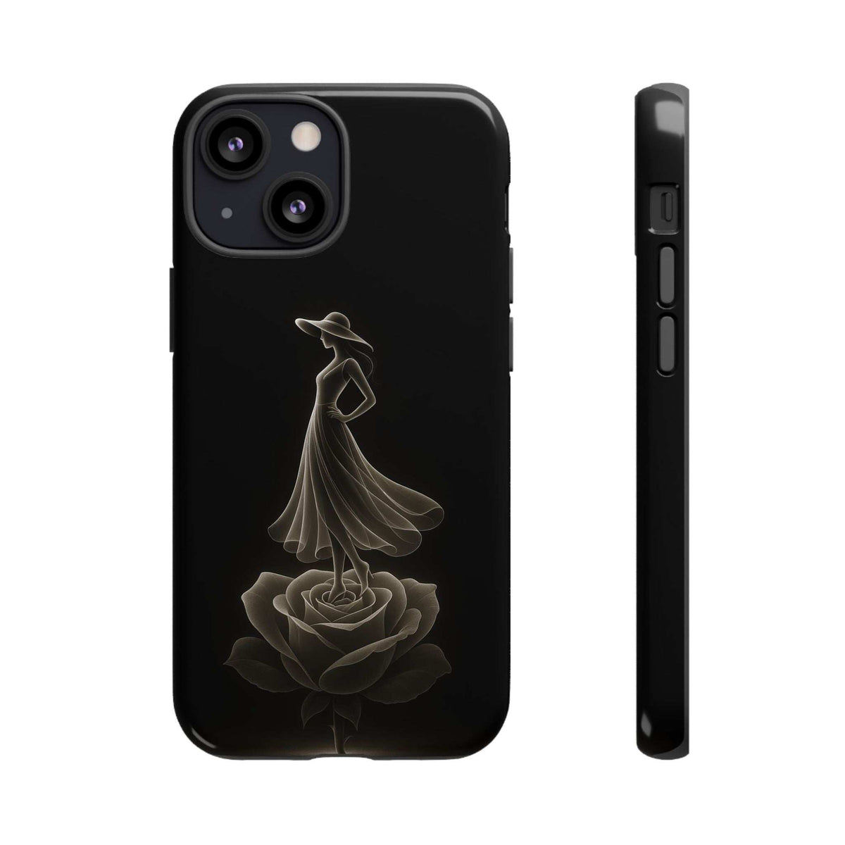 Glossy black phone case front view with floral dancer art and side profile