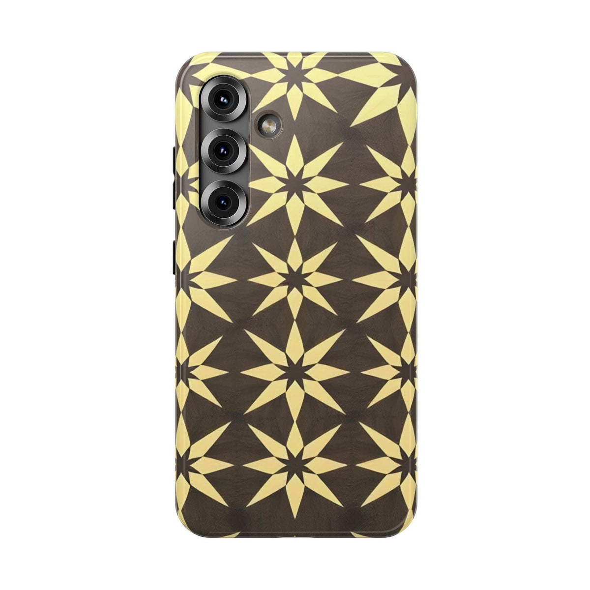 Phone case with geometric star pattern in black and gold; raised camera cutouts.