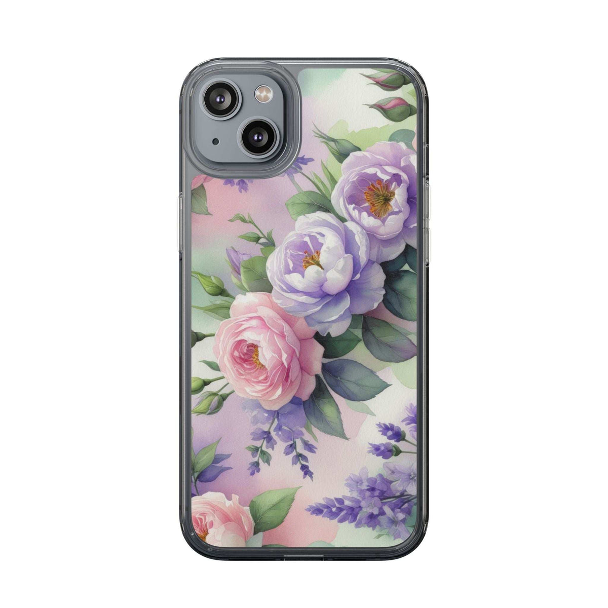 Clear floral phone case featuring lilac and pink roses with green leaves