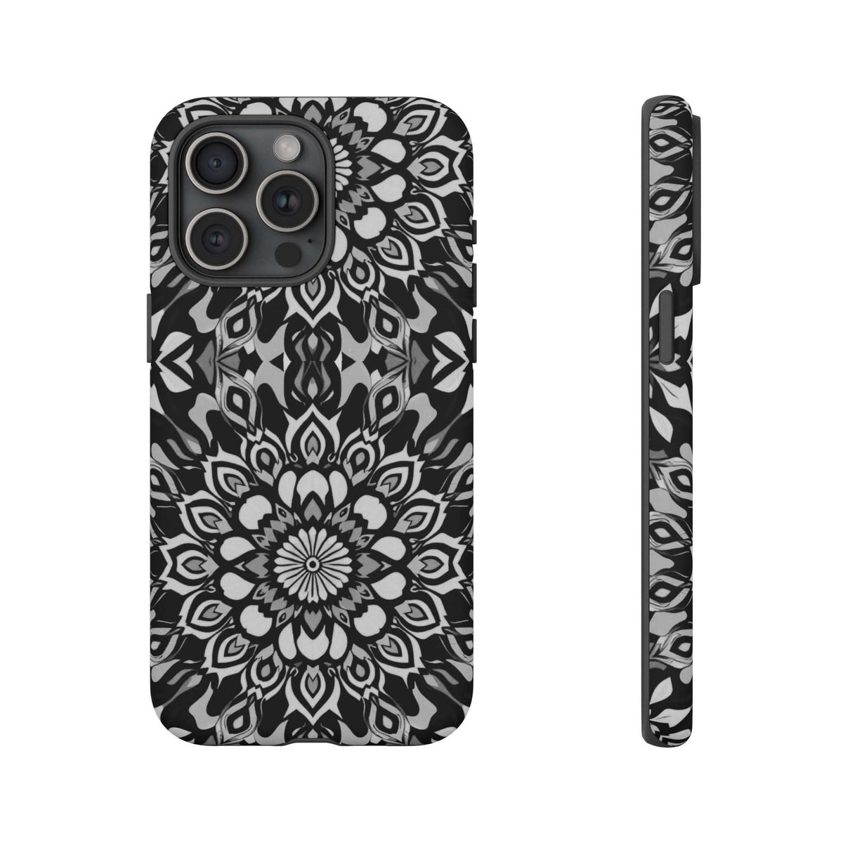 Black and white mandala phone case with four-lens camera cutouts and flash opening