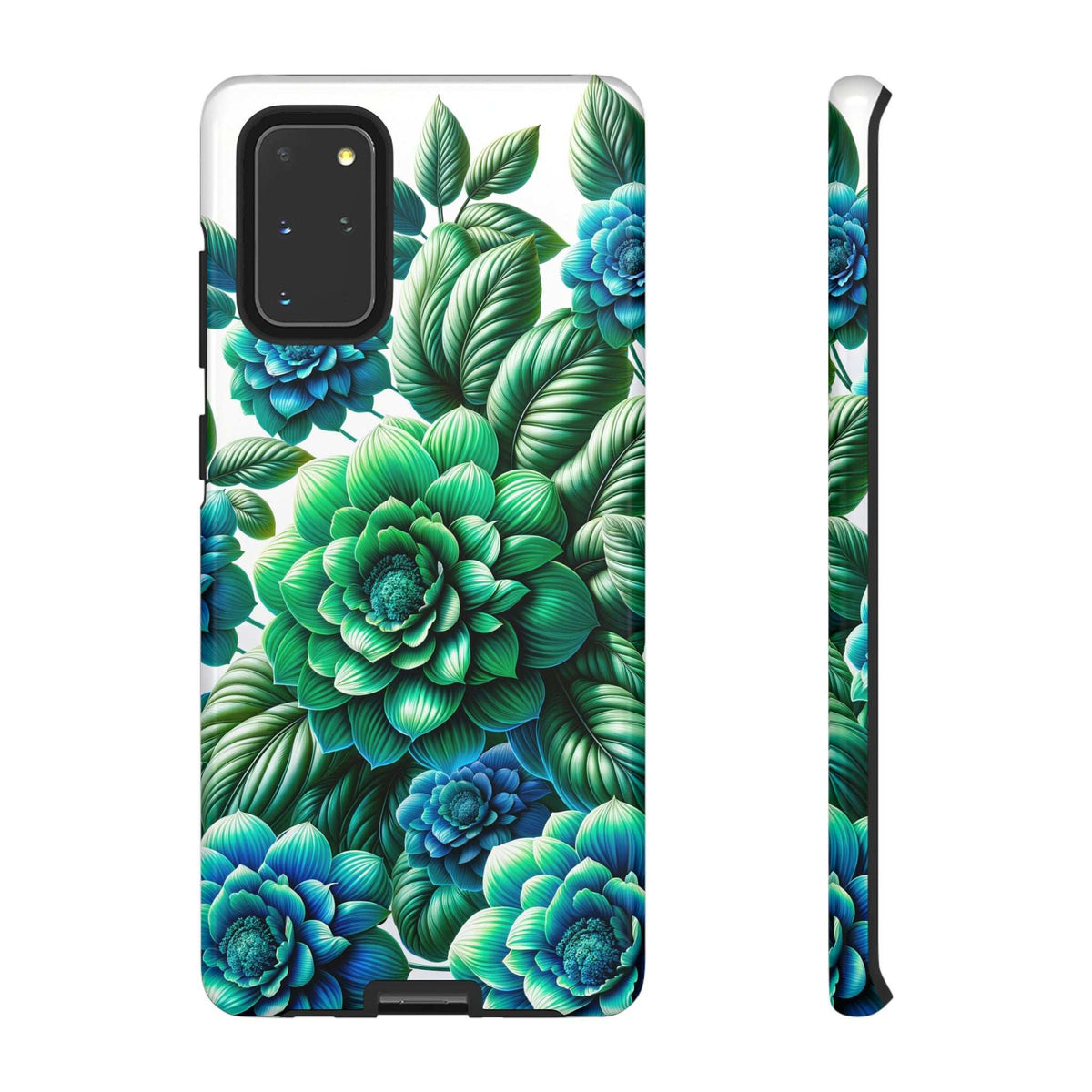 Green and blue floral phone case with prominent flower centerpiece and camera cutouts