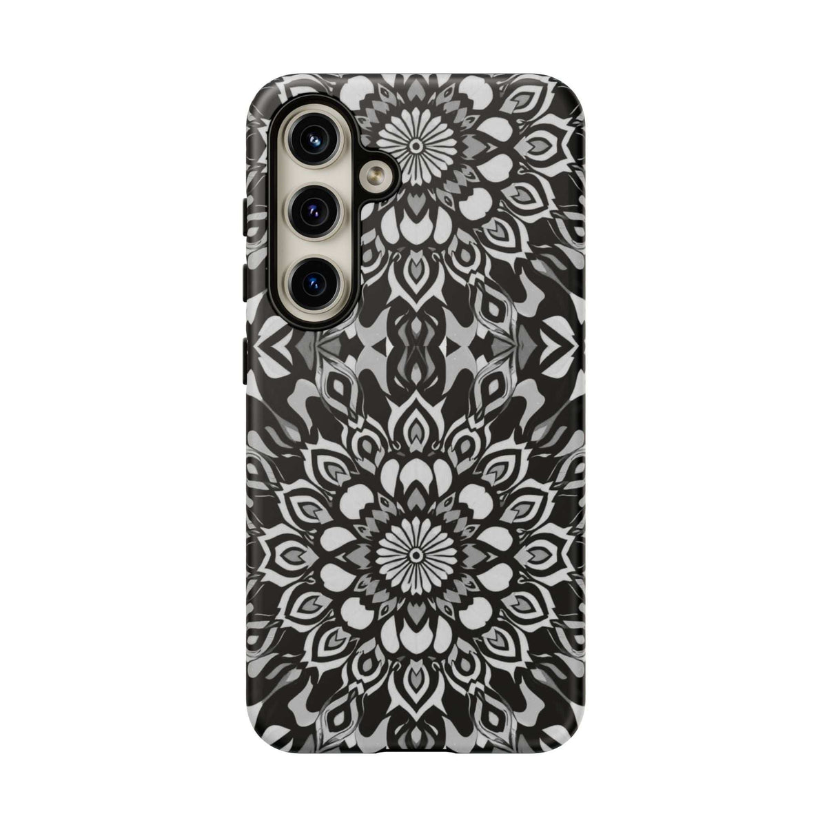 Black and white mandala phone case, front view with camera lenses and flash opening