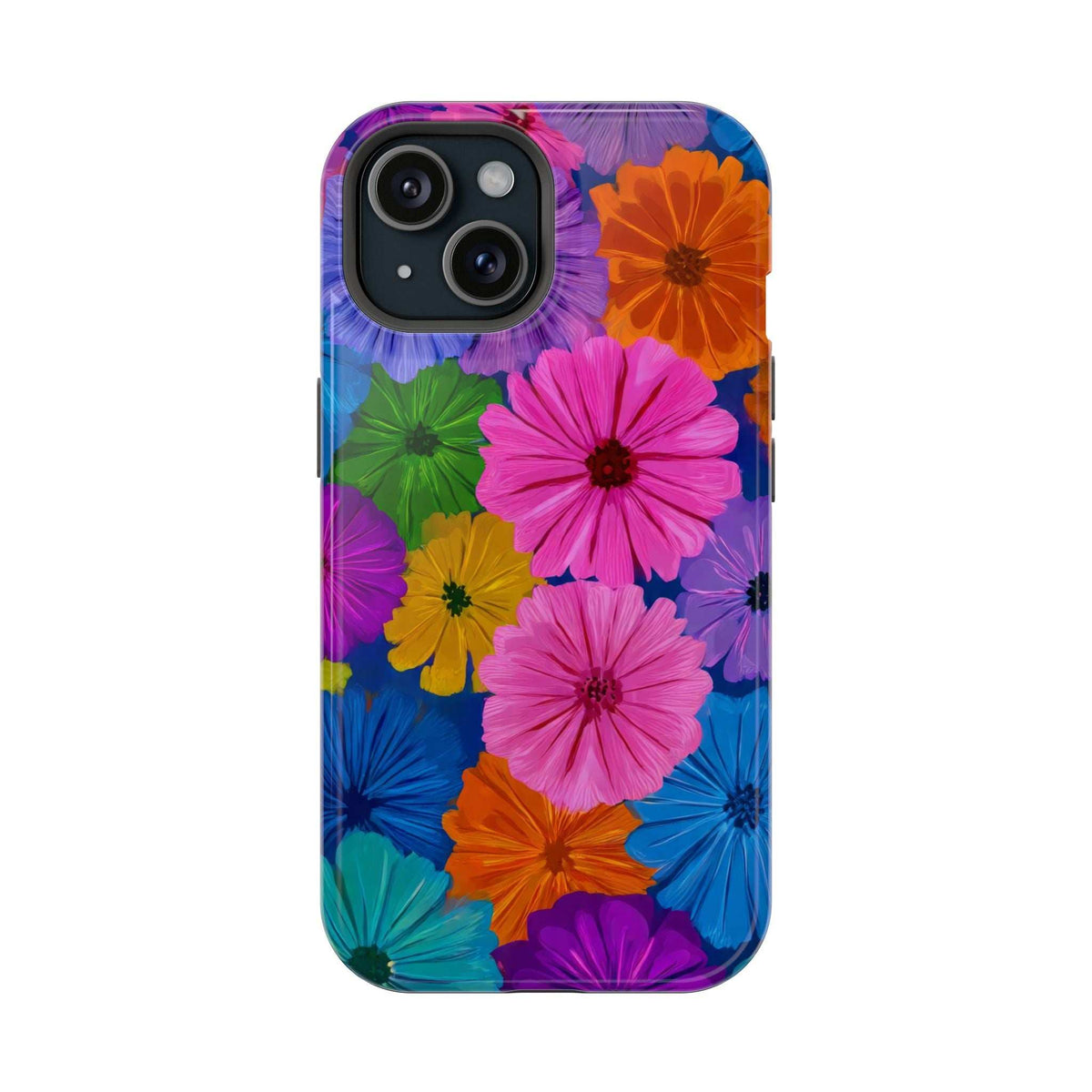 Colorful floral phone case with raised camera cutout and blue, pink, orange flower pattern