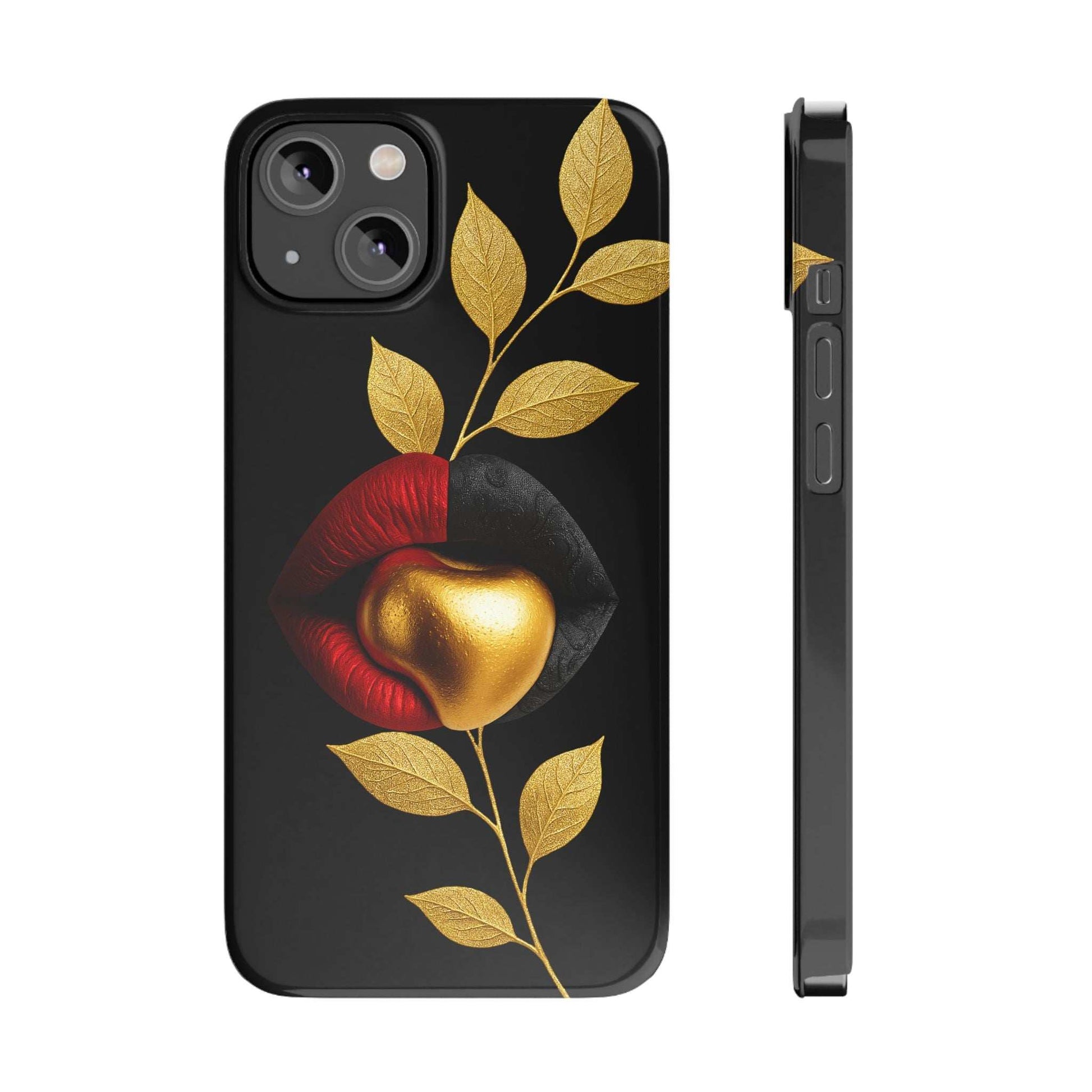 Gilded Expression phone case for iPhone 11–17, black with gold leaves and heart art