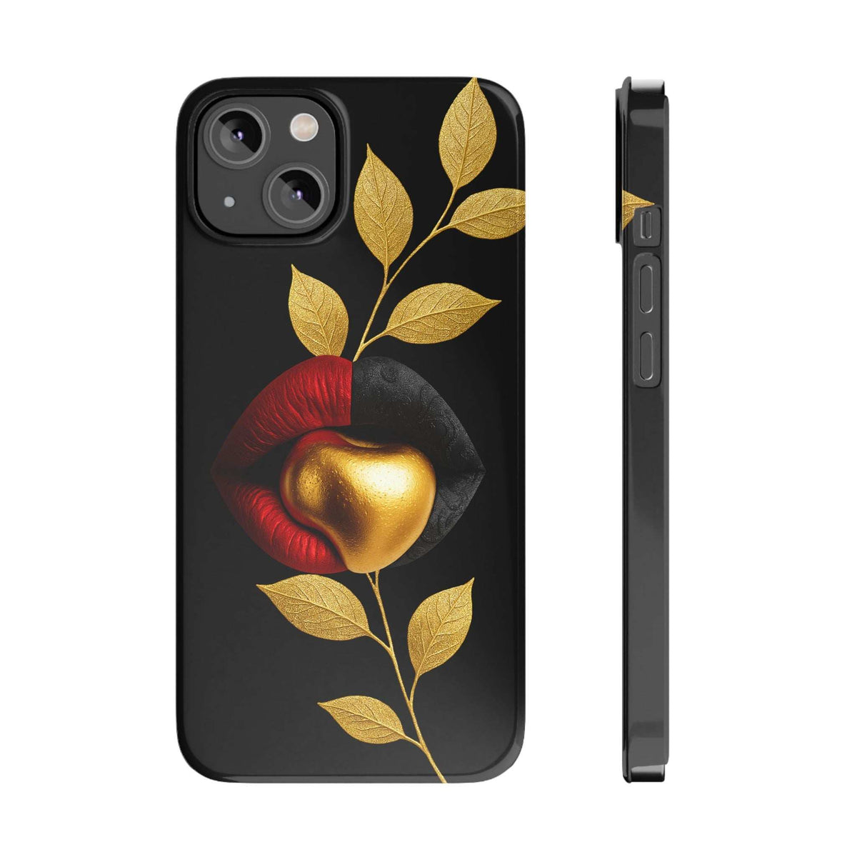 Gilded Expression phone case for iPhone 11–17, black with gold leaves and heart art