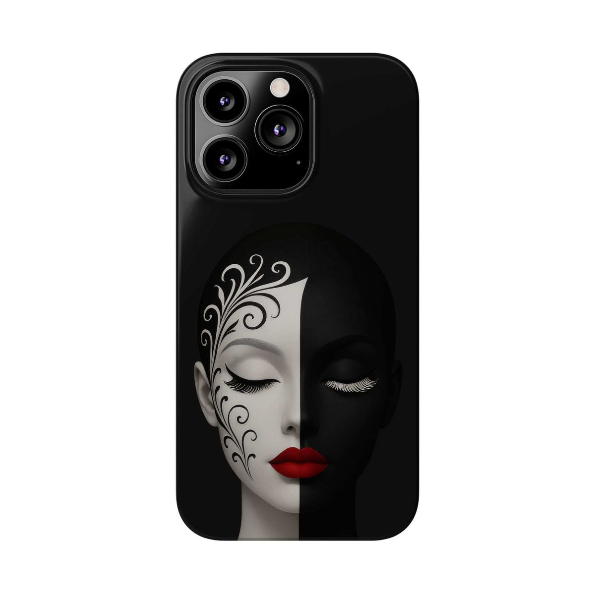 Black iPhone phone case with split-face artwork and red lips, showing triple camera cutouts.