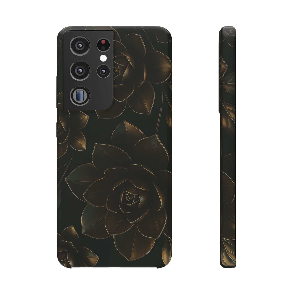 Glossy black phone case with gold rose and leaf metal-flower pattern, side profile