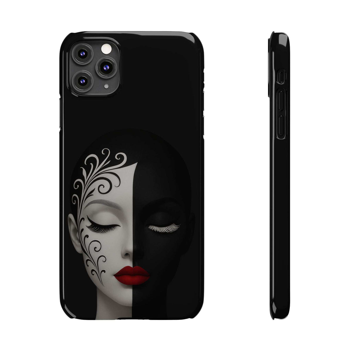 Black phone case with symmetrical half-face design, curled details, and red lips