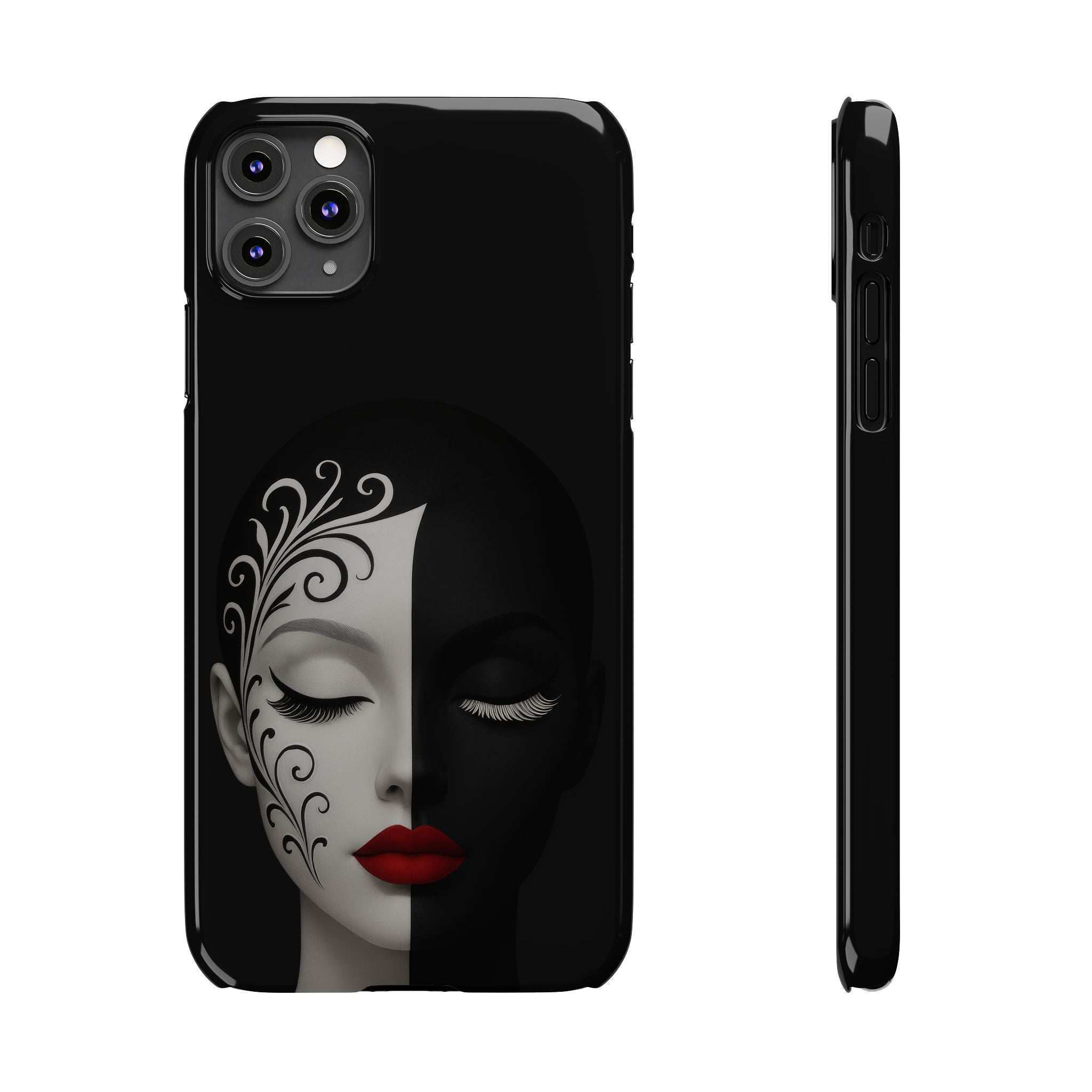 Black phone case with symmetrical half-face design, curled details, and red lips