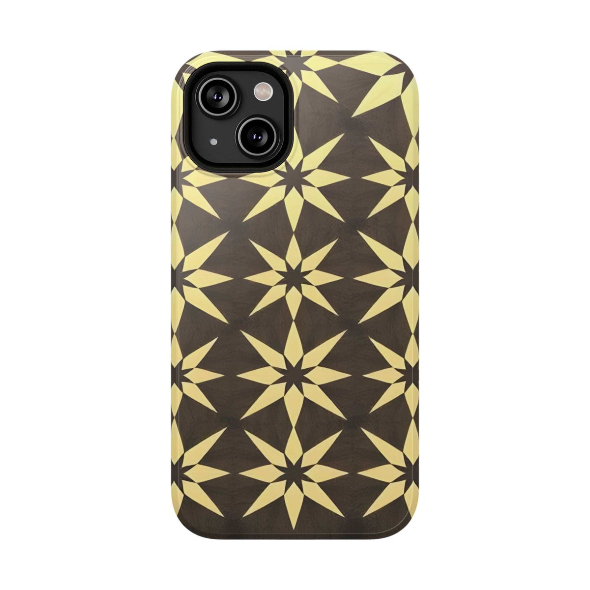 Black and gold star geometric phone case with dual camera cutouts