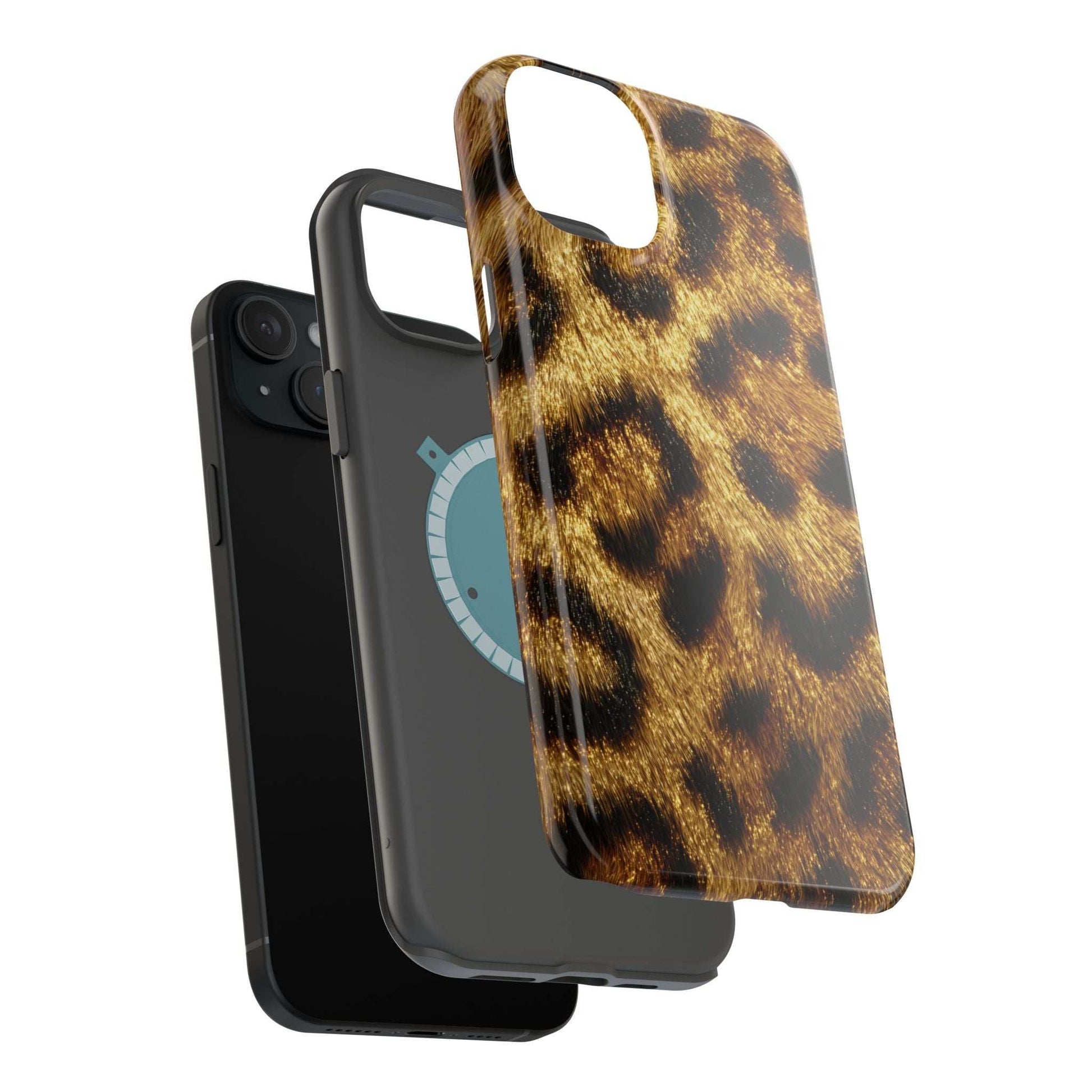 Leopard print phone case with glossy gold-brown pattern and camera cutouts