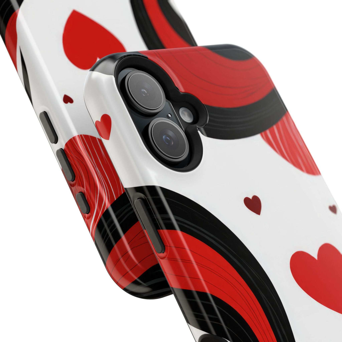 Glossy phone case with red heart pattern and wave stripes; dual camera cutouts
