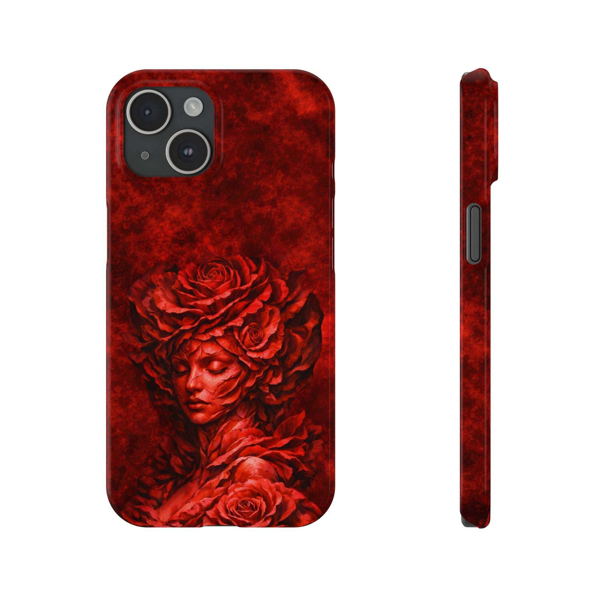 Red slim phone case with rose-and-woman artwork; rear camera openings and slim side view.