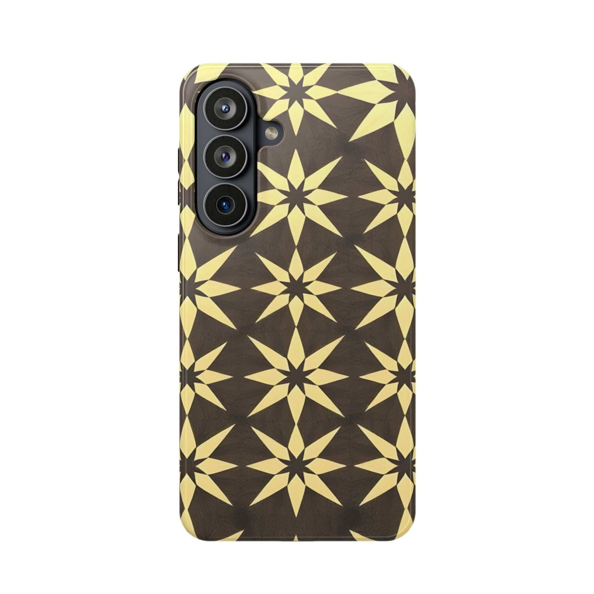 Phone case featuring repeating gold starburst pattern on dark background with camera cutout