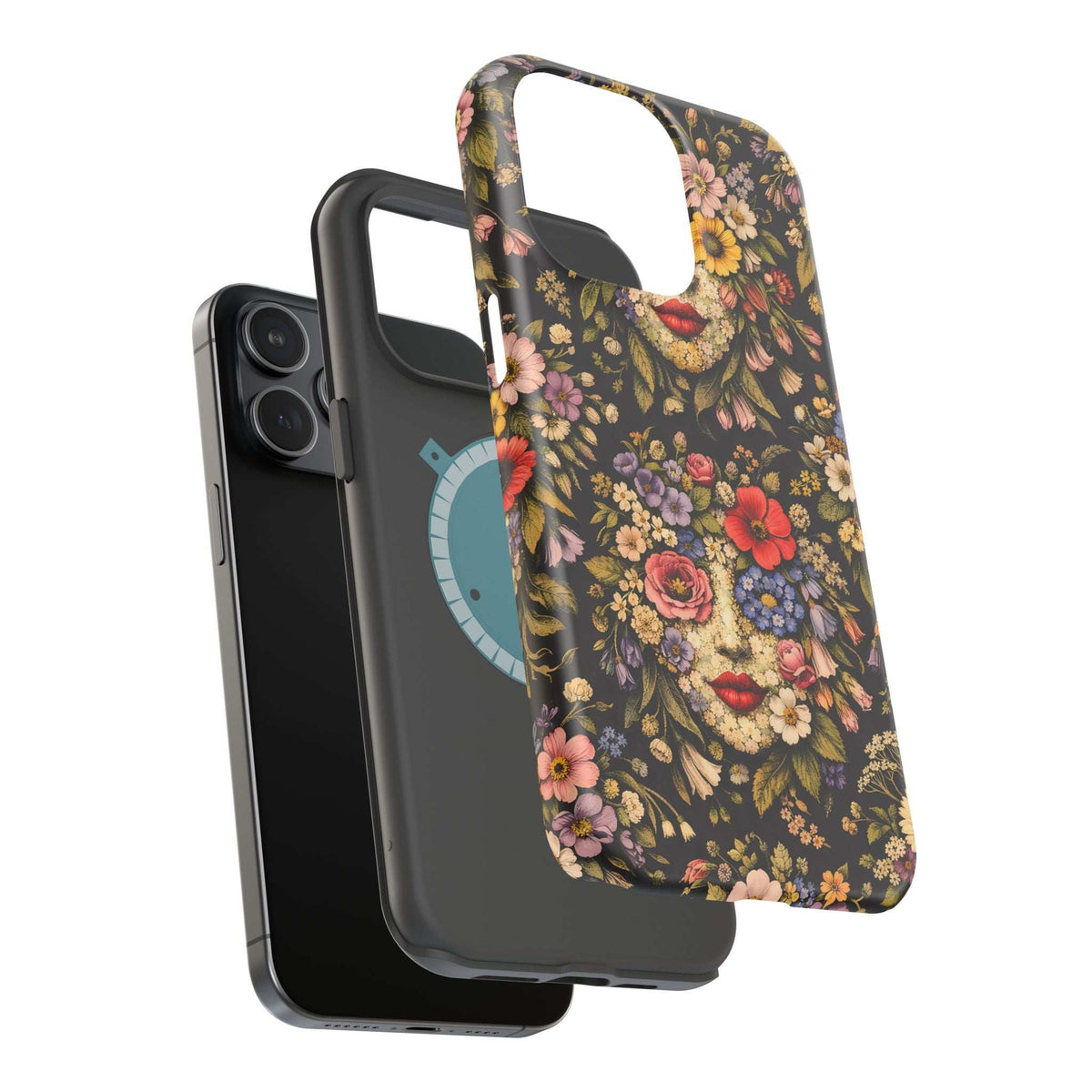 Dark floral phone case with vintage face illustration and cutout for camera/flash