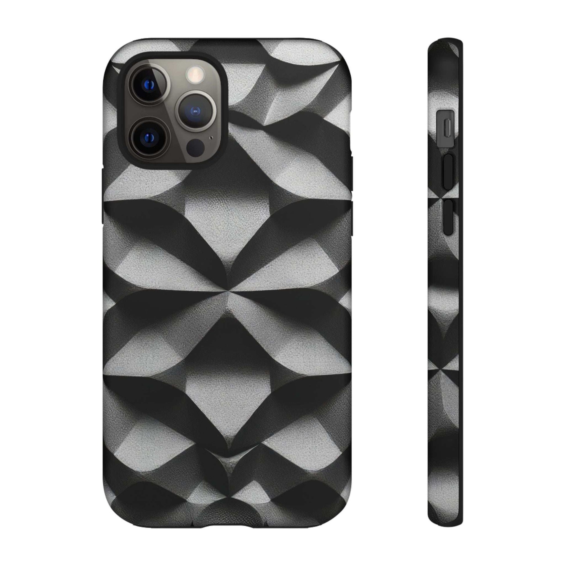 Black phone case with geometric diamond pattern, camera cutouts and textured grip