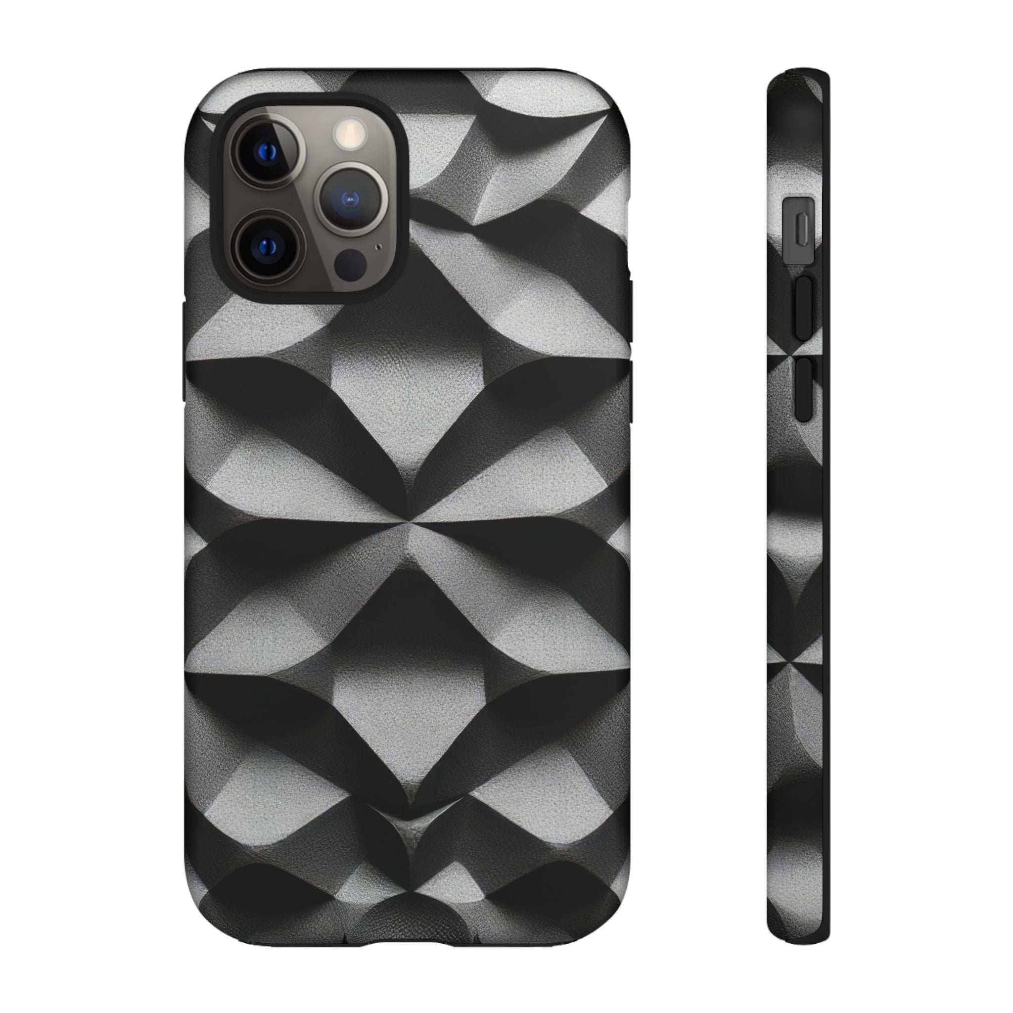 Black phone case with geometric diamond pattern, camera cutouts and textured grip