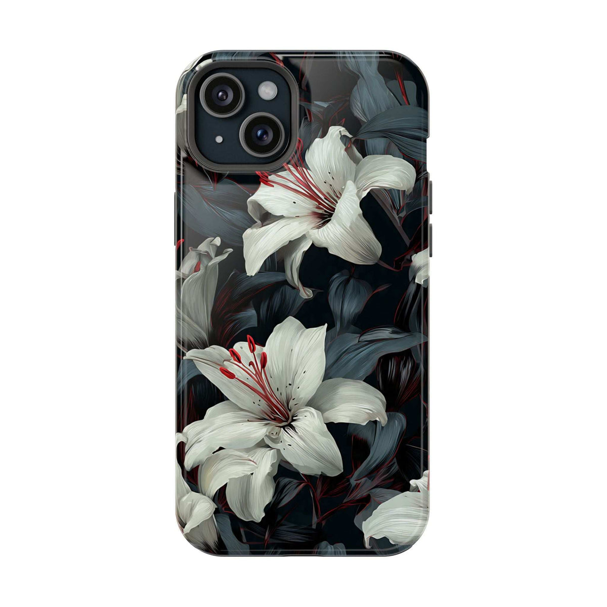 iPhone phone case with white lily blossoms on dark botanical background, camera lenses visible
