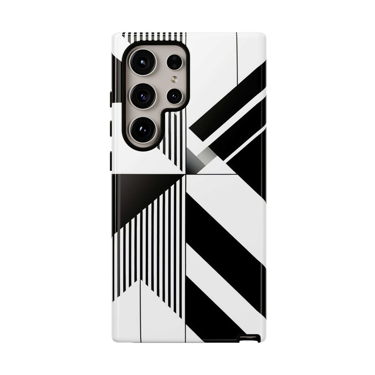 Tough phone case showing monochrome print with four-lens camera cutout openings