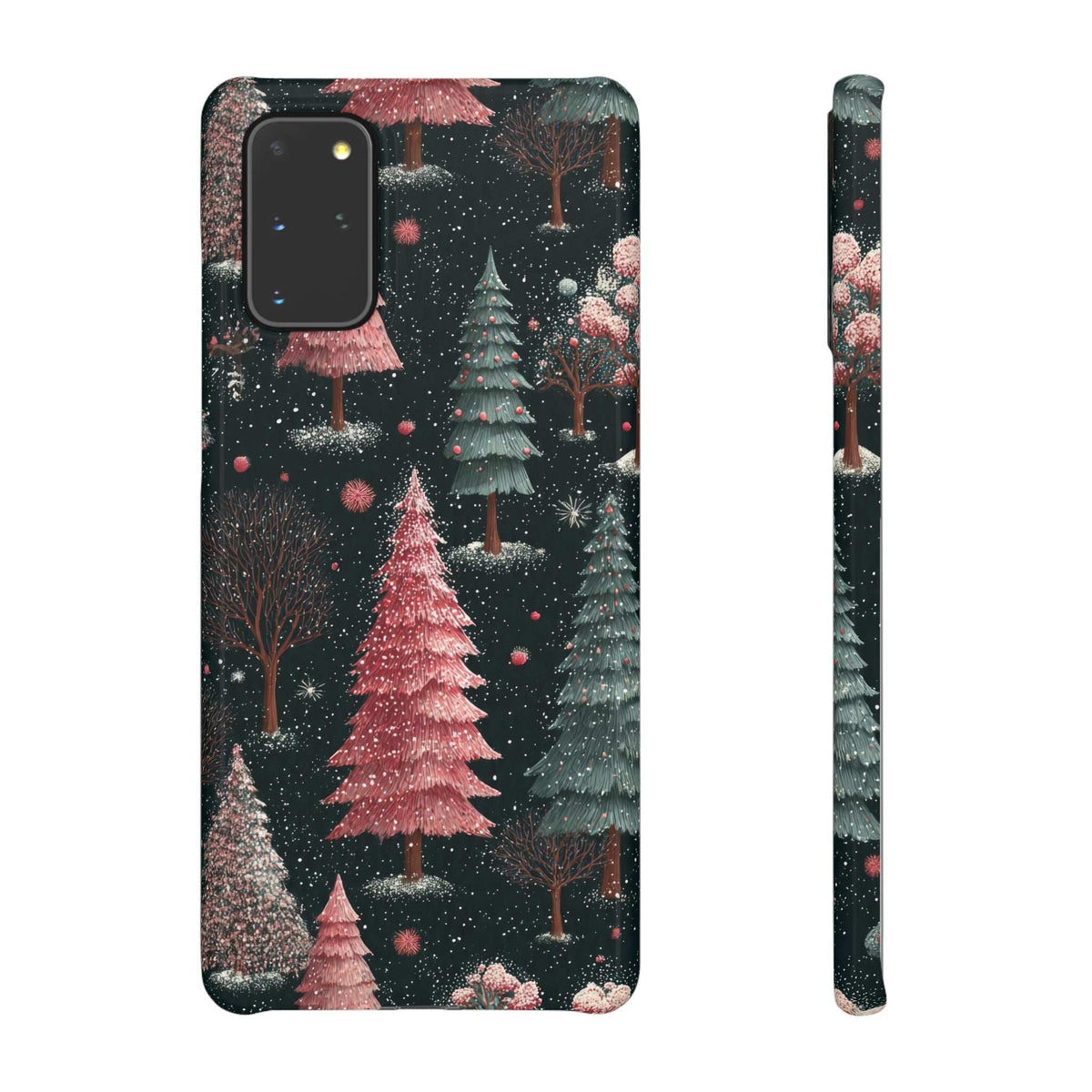 Winter forest phone case back with glittery pink tree and snowfall look; side view included.