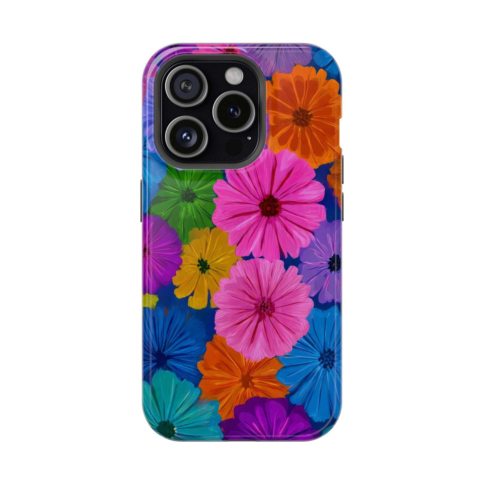 Colorful floral phone case with raised camera cutout, multi-color flowers in purple and pink tones