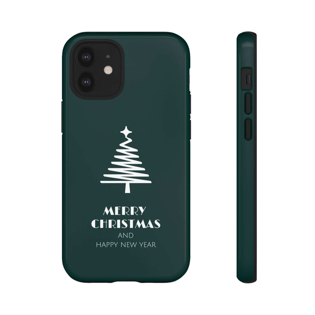 Glossy green Christmas phone case back view with white tree and 'Merry Christmas' text