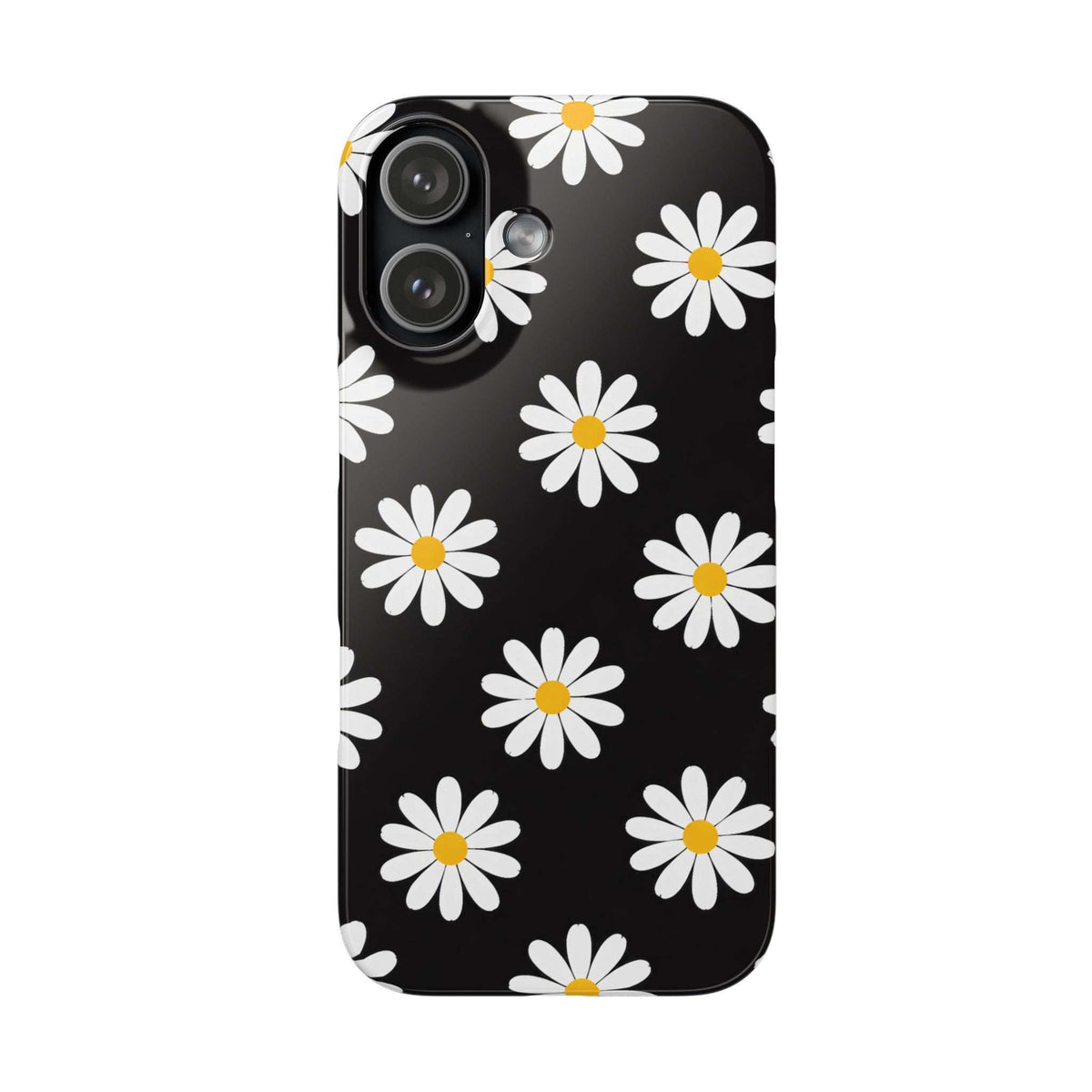Black phone case with scattered white daisies and yellow centers; camera cutout area shown