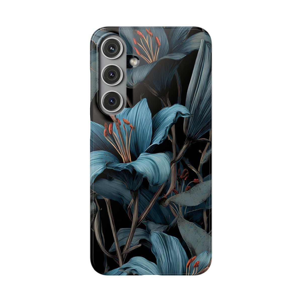 Phone case with blue botanical floral pattern, three camera cutouts, dark leaf accents