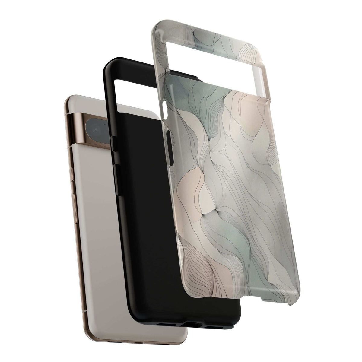 Pastel wave phone case with clear edges and wavy blue-beige pattern, angled side view