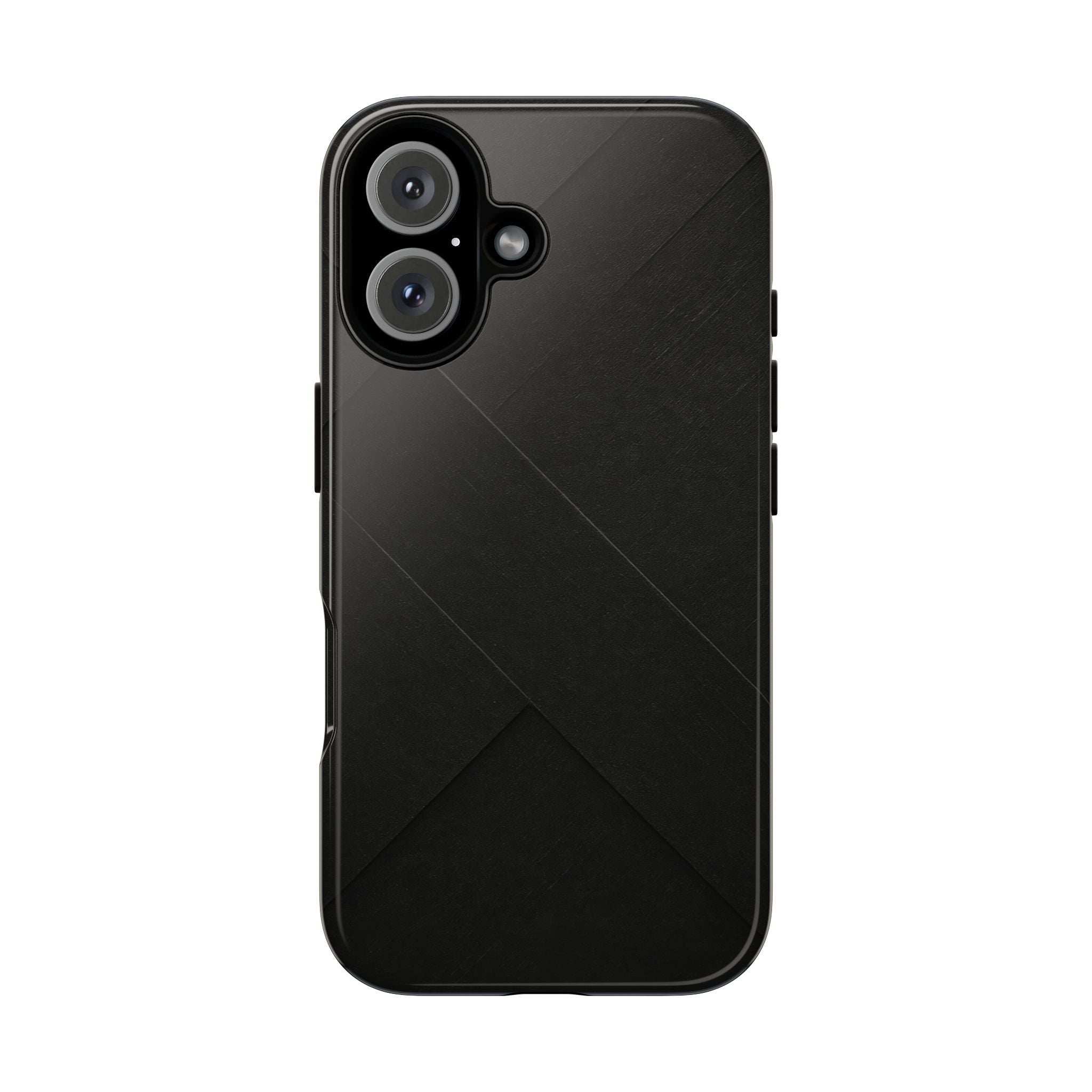 Matte black phone case with diagonal geometric pattern and camera cutouts on top