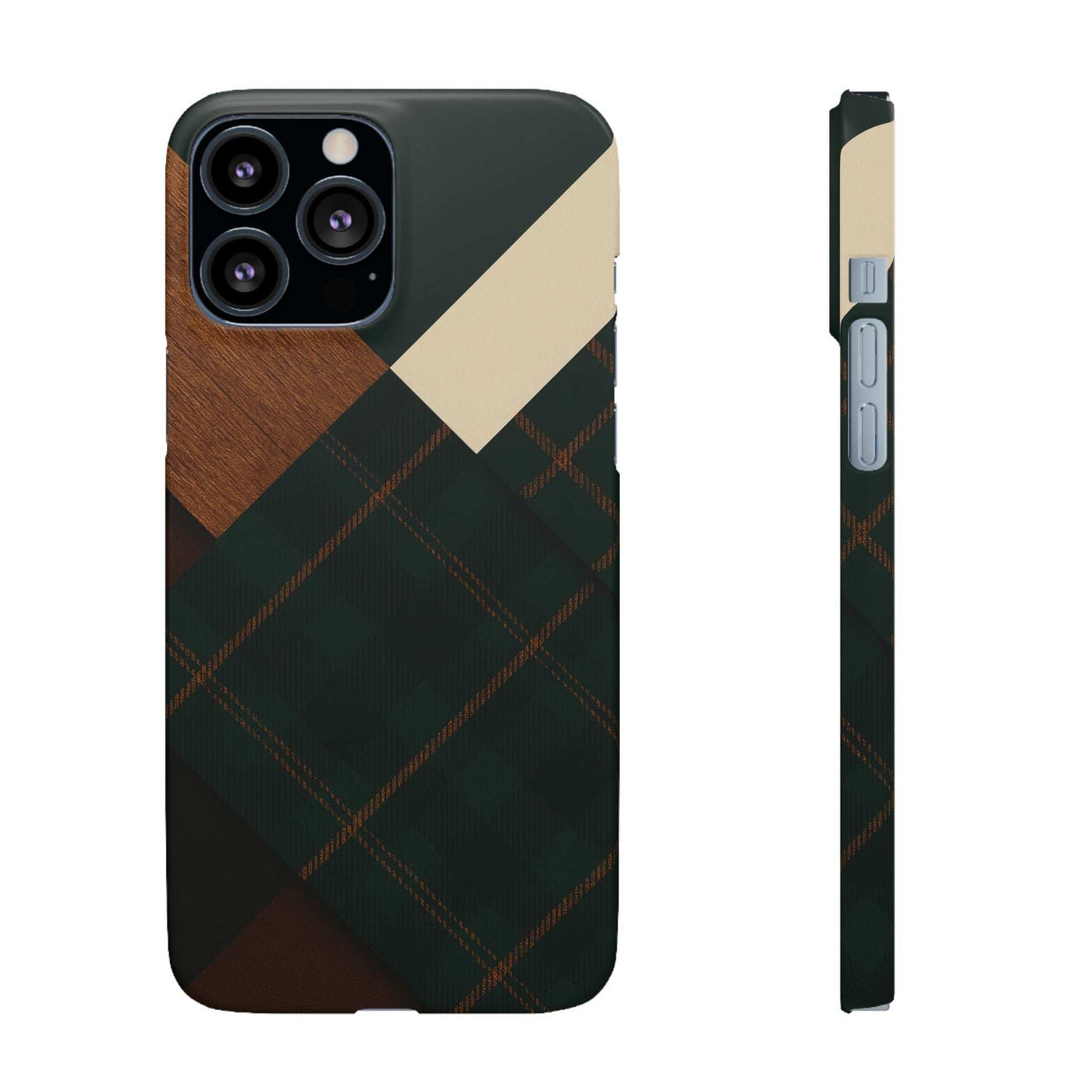 Dark green phone case with tan diagonal panel and plaid pattern; side profile and cutouts.