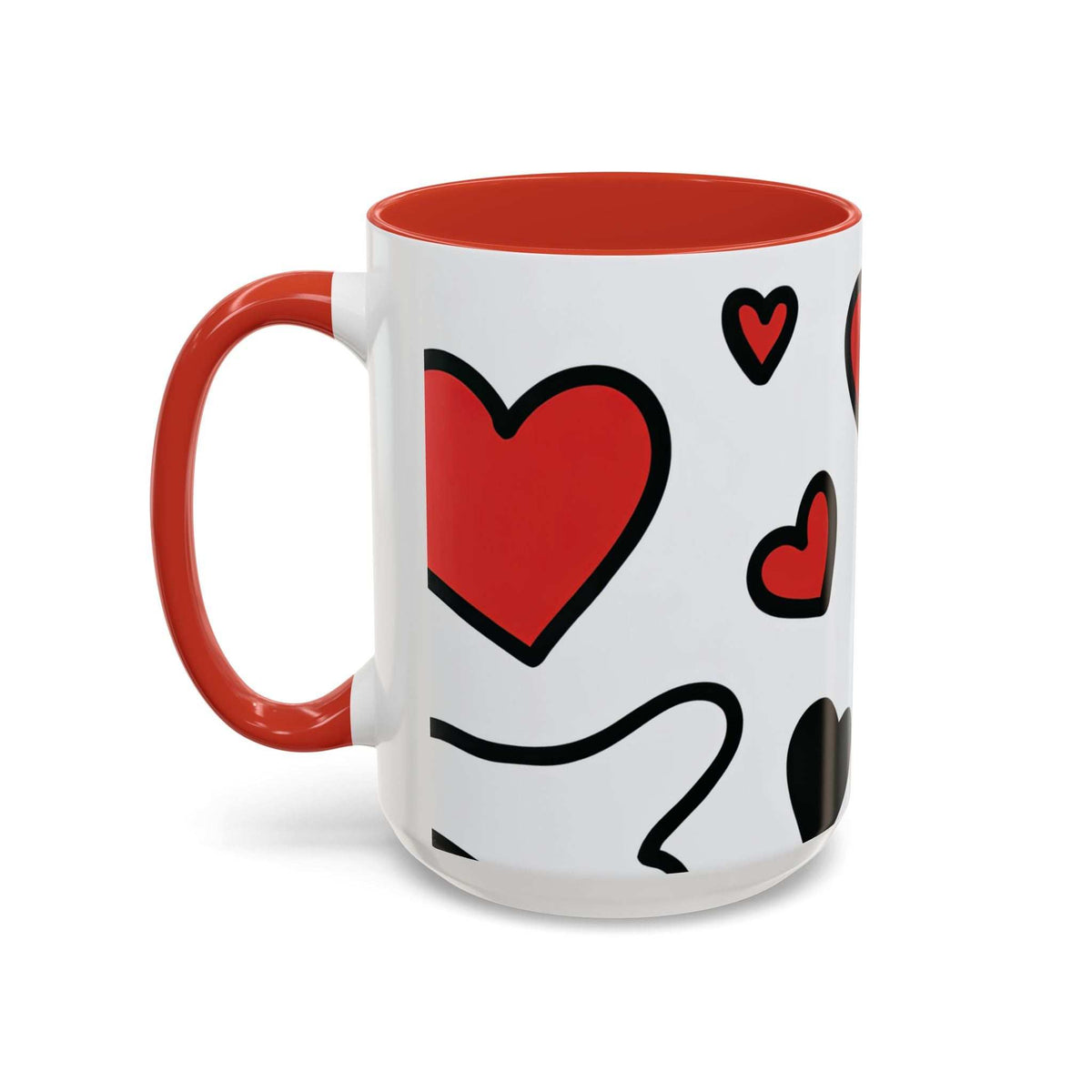 Red and white love-themed accent coffee mug with heart face graphic and handle